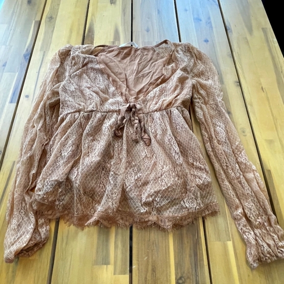 Mustard Seed Brown Lace Tie Front Long Sleeve Babydoll Blouse Size Small - Picture 1 of 4